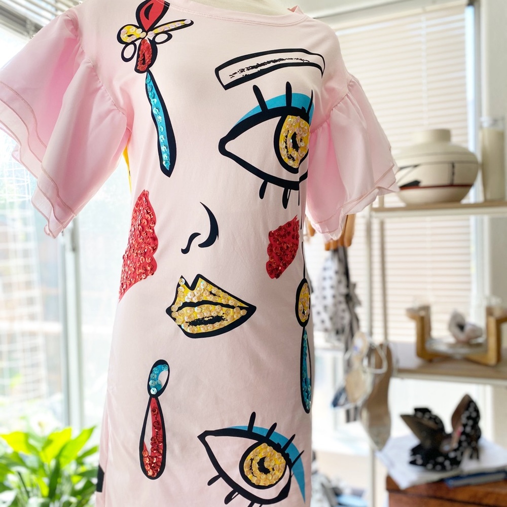 Pink Graphic Dress Organza Balloon Sleeves